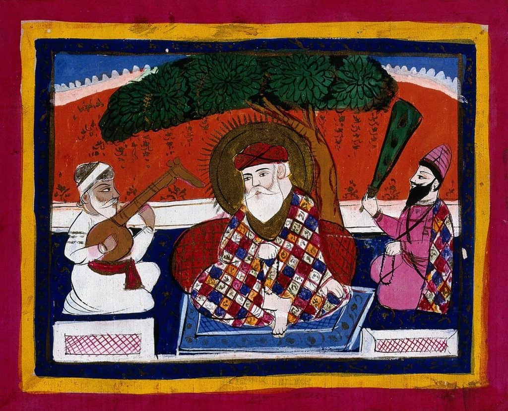 Illustration of Guru Nanak with musician and holy man - A course in self-mastery