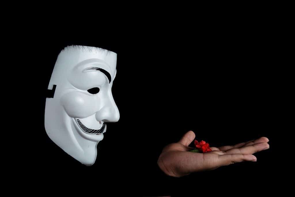 masked face looking at a rose