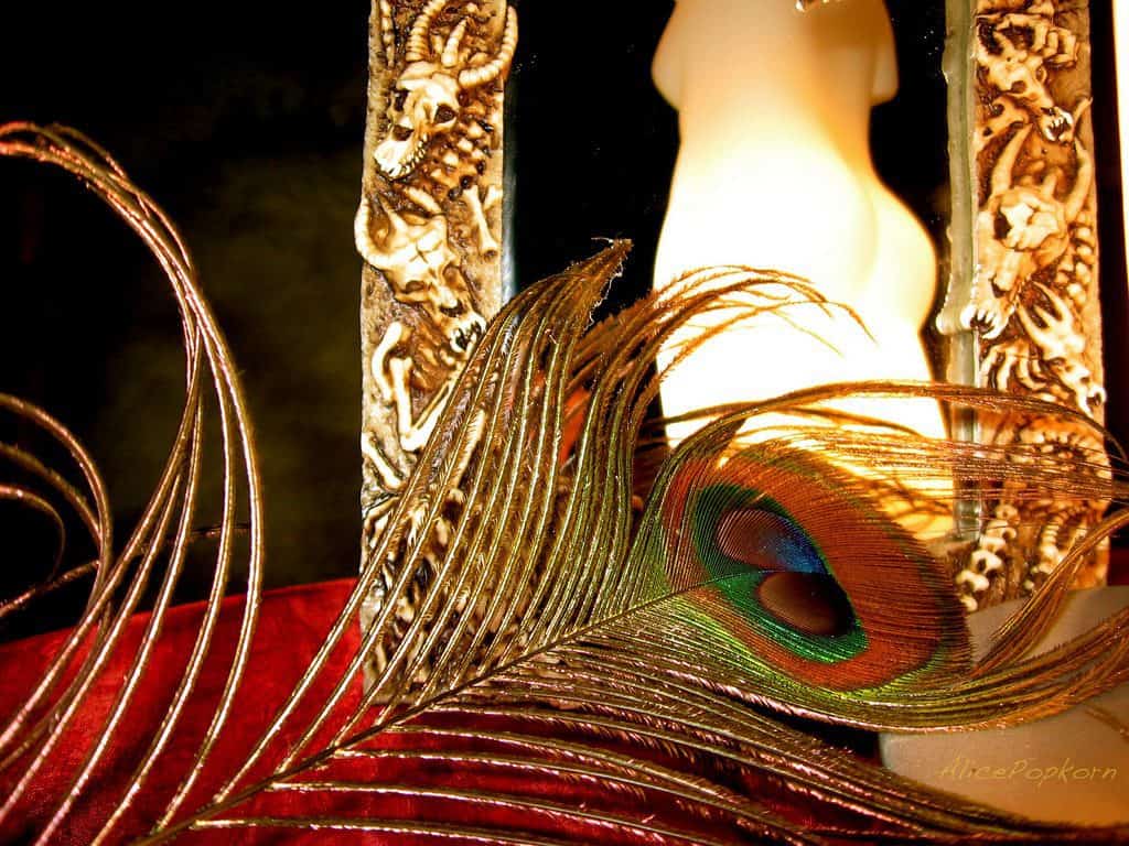 peacock feather and statue of a woman