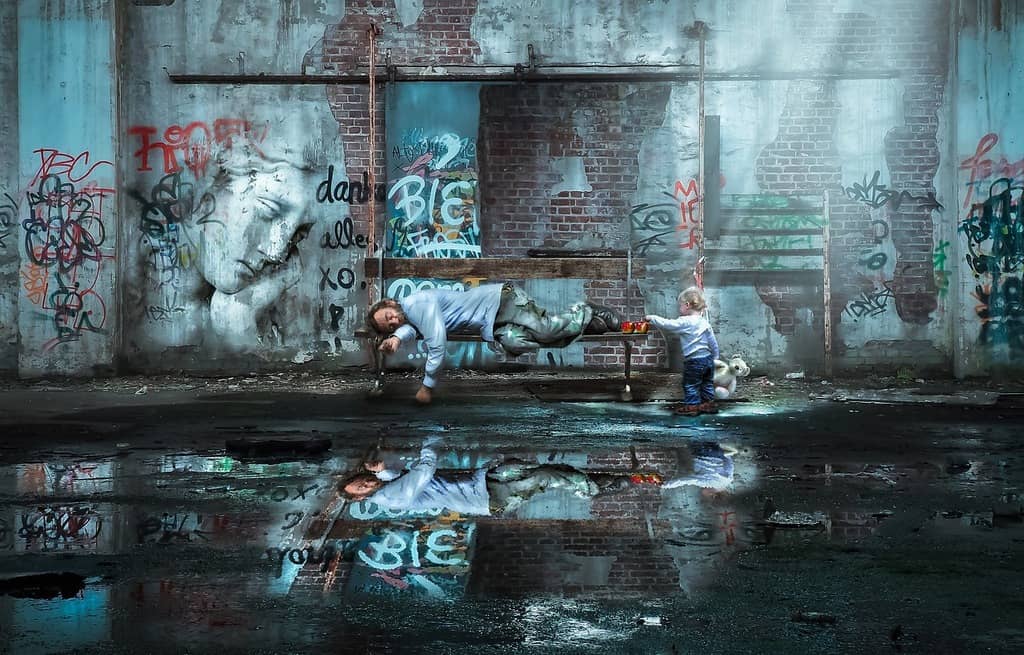 Homeless man on bench with child bringing food