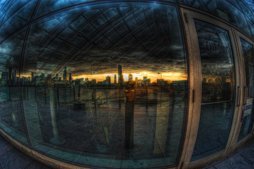 wide horizon reflected in window