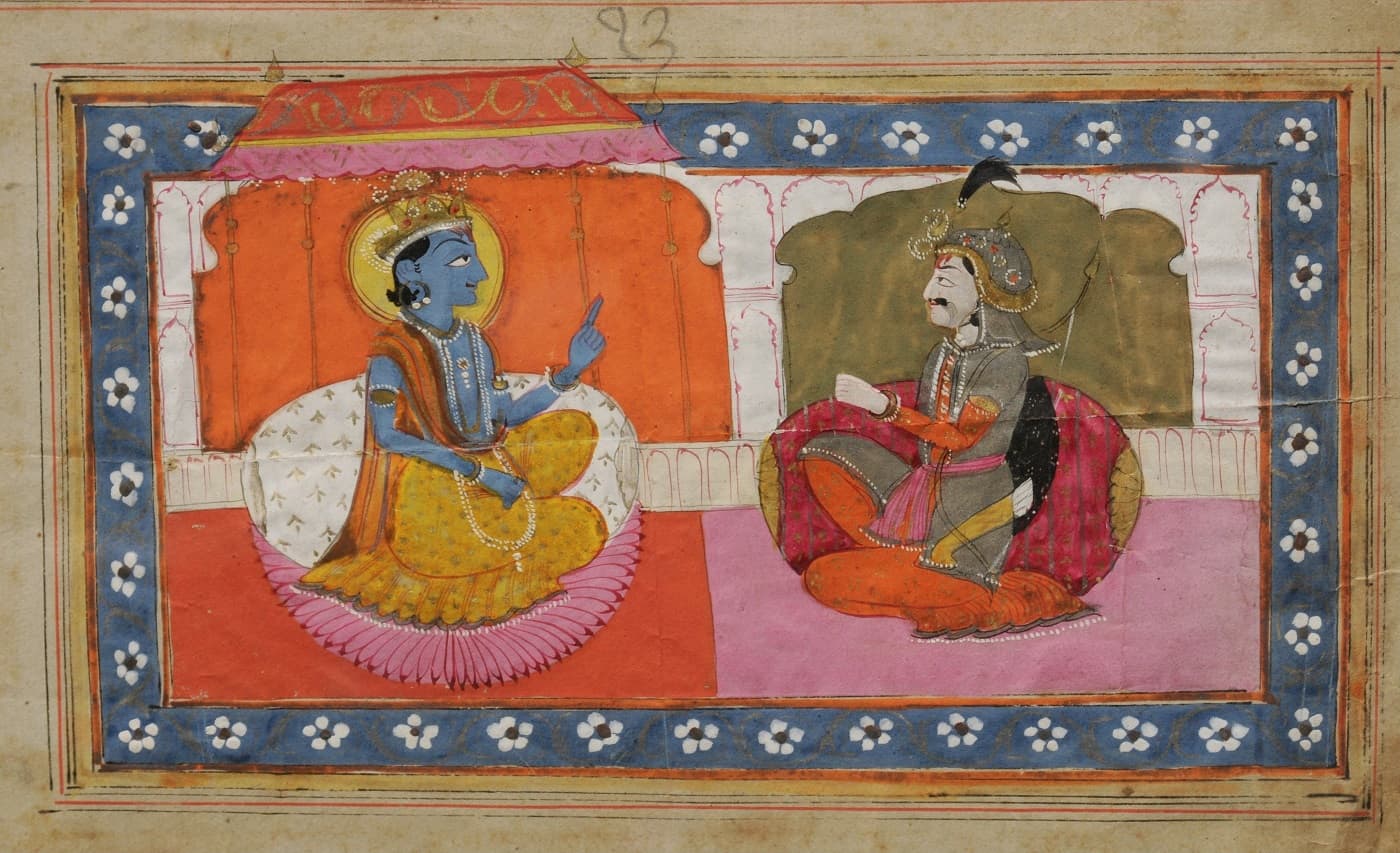 Depiction of Sri Krishna preaching to Arjun