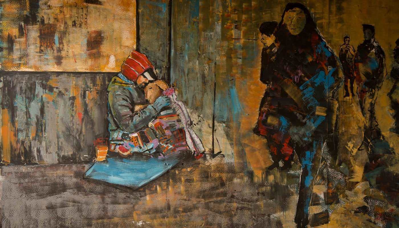 graffiti of homeless man with child